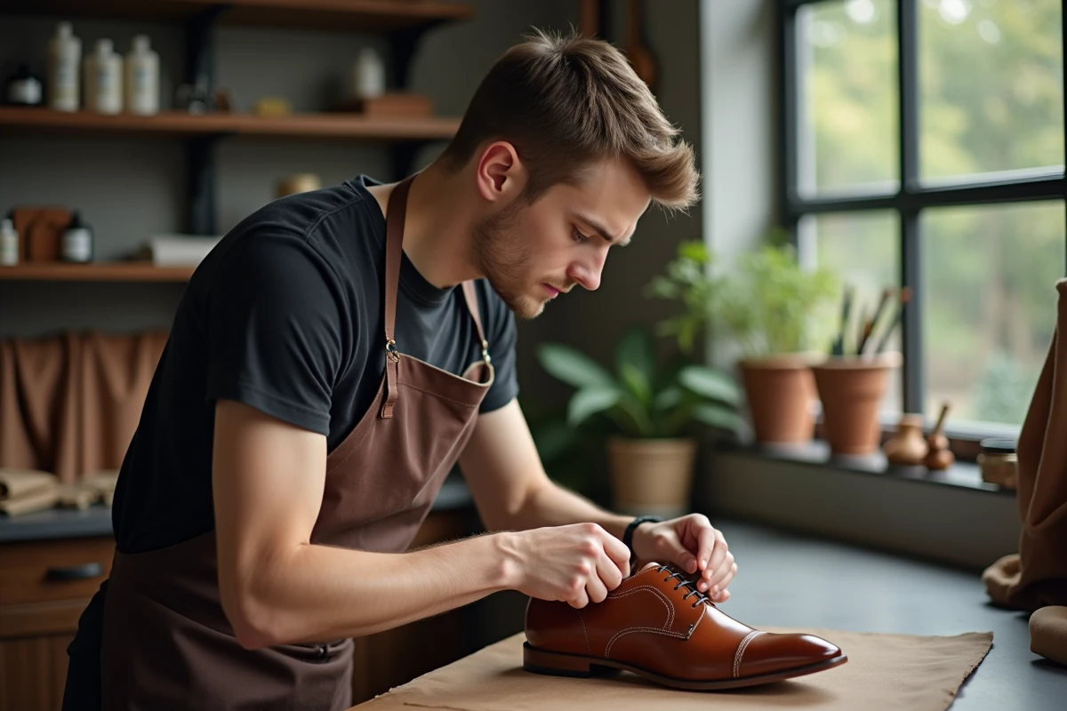 Jeune homme appliquant un déglazer sur une chaussure en cuir dans un studio