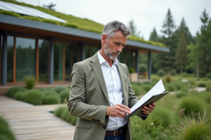 Architecte en review de plans écologiques devant un bâtiment durable