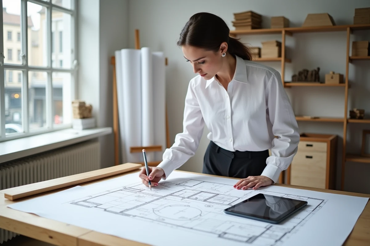 Architecte calculant des surfaces sur un plan architectural avec règle et tablette numérique en agence