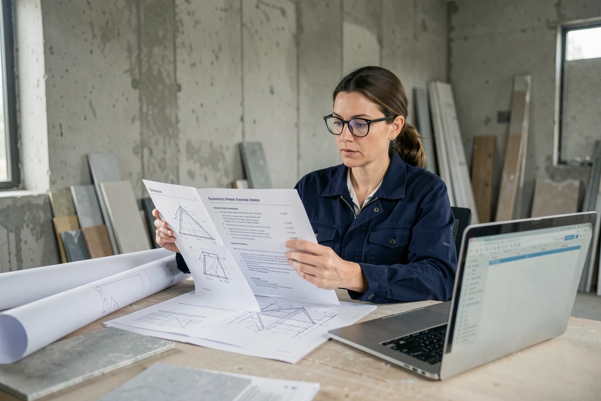 Architecte comparant deux devis de charpente et toiture dans un bureau de chantier