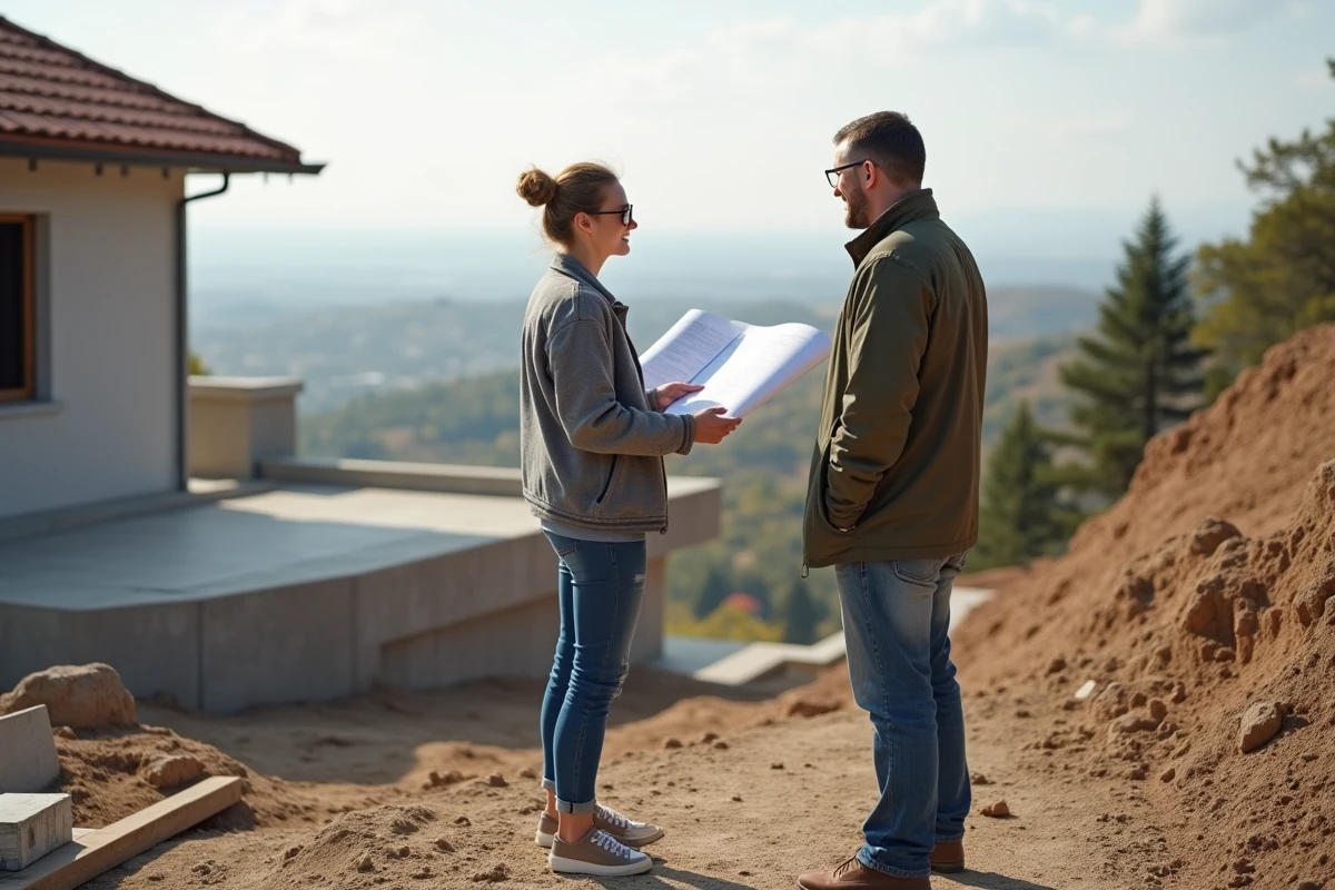 Architecte discutant avec un propriétaire sur un chantier de terrasse