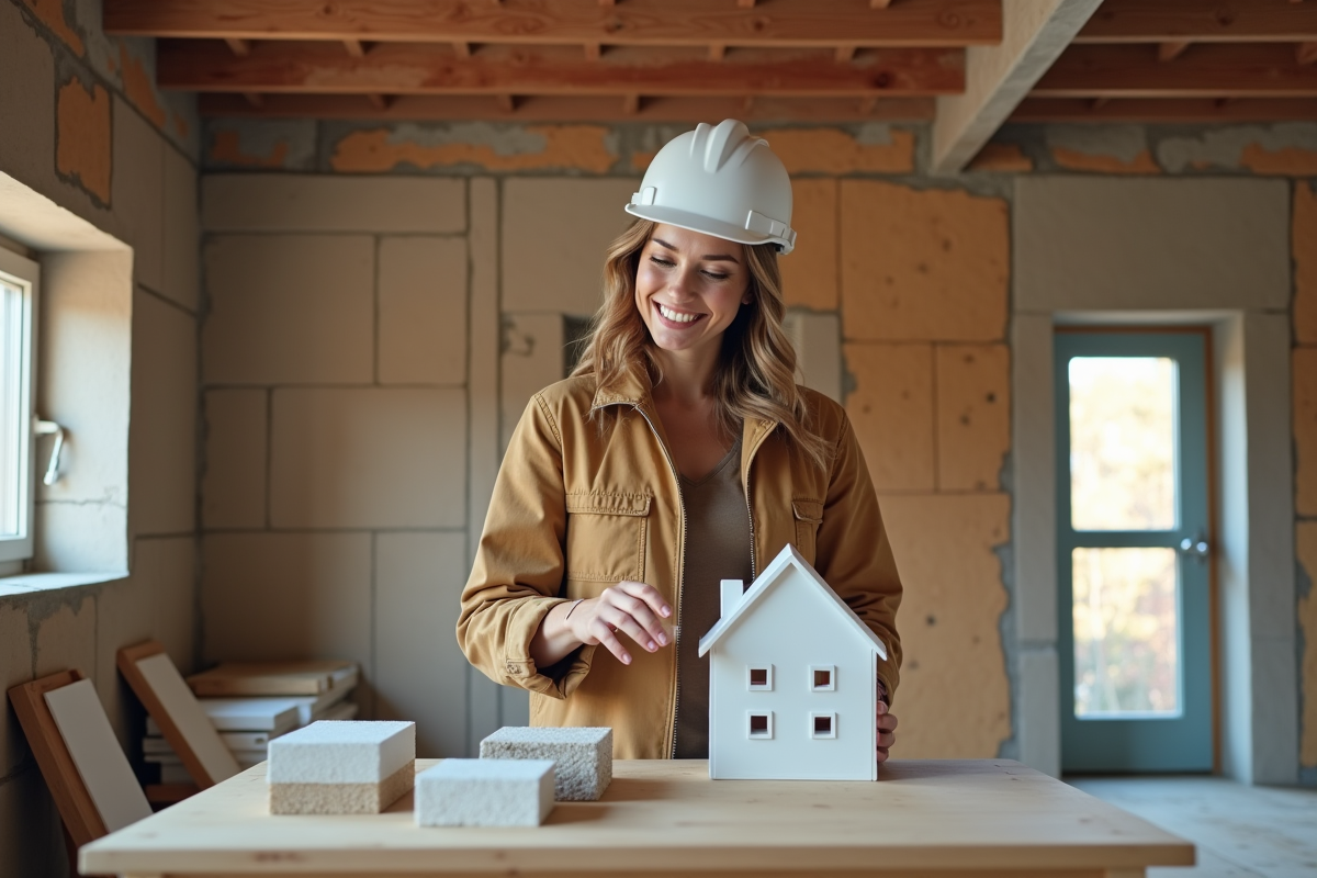 Jeune femme architecte montrant des modèles de fondations