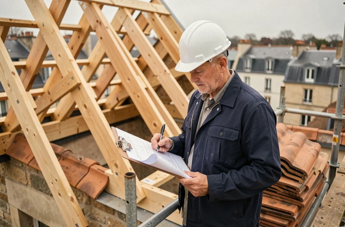 Architecte sur échafaudage supervisant la surélévation d'une maison avec toiture en pente