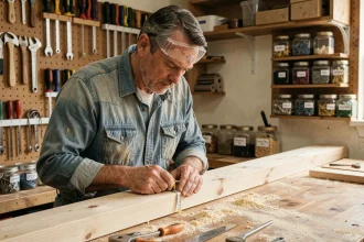 Artisan bricoleur mesurant une planche en bois dans un atelier de rénovation bien organisé