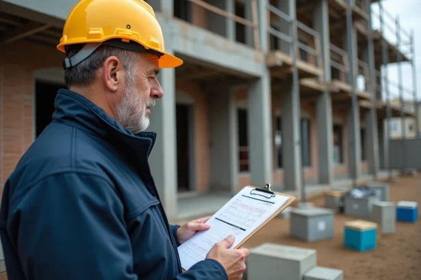 Artisan du bâtiment consultant un devis travaux sur un chantier de rénovation résidentielle