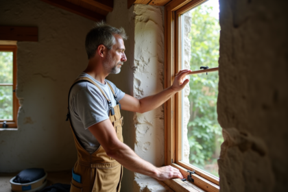 Artisan appliquant du ruban d'isolation autour d'une fenêtre en bois