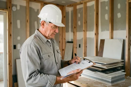 Artisan en casque blanc vérifiant un devis de travaux de rénovation cuisine sur chantier
