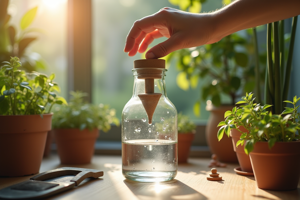 Mains assemblant un goutteur lent DIY avec bouteille et piquet en argile