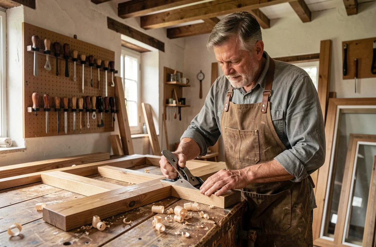 Artisan menuisier fabriquant à la main des menuiseries en bois dans un atelier traditionnel