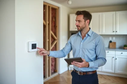 Auditeur énergétique tenant une tablette numérique devant un thermostat mural dans une maison française en cours de rénovation énergétique