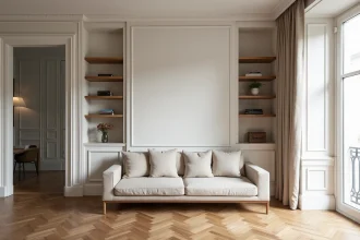 Avant-après salon rénové à Lille par l'agence lesavoirfairedeco avec parquet en chevrons et bibliothèque sur mesure