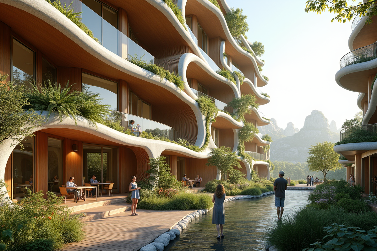 Habitation durable avec jardins verticaux et familles en extérieur en 2050