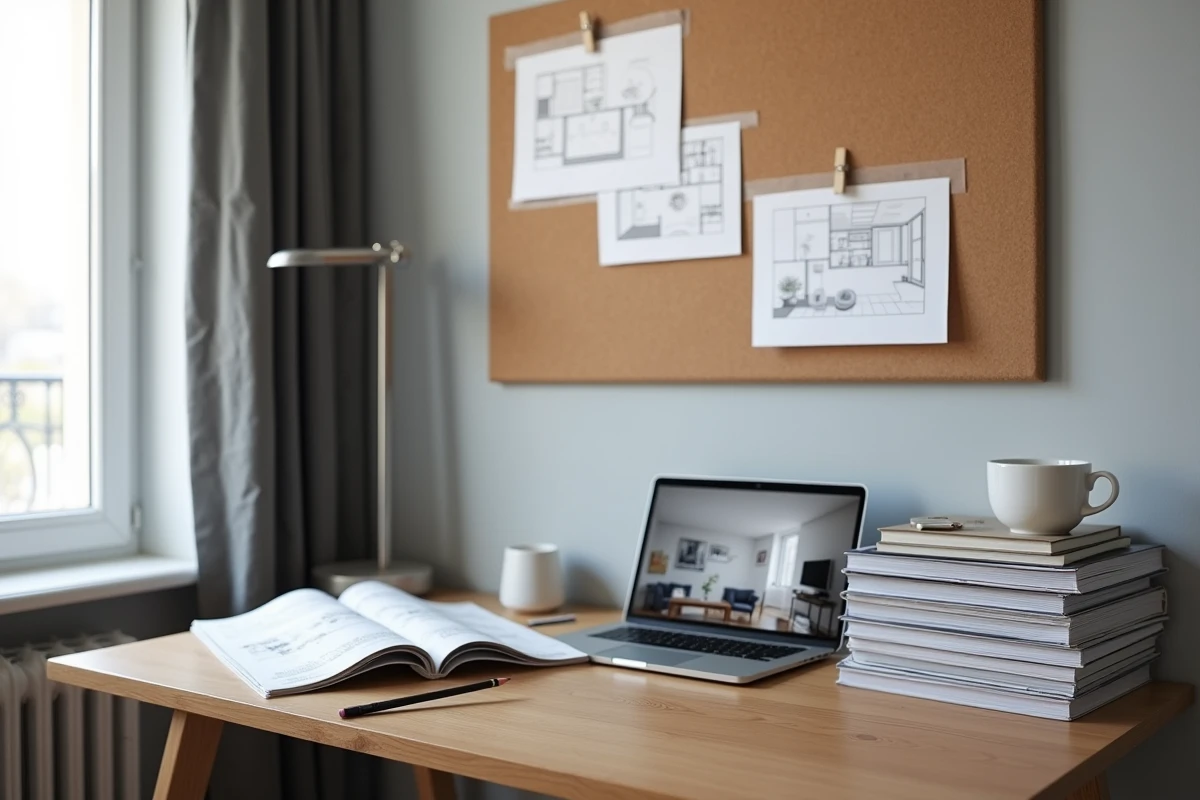 Bureau de consultant en rénovation avec magazines déco empilés, plans et ordinateur portable pour projet de rénovation