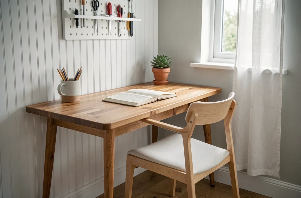 Bureau en teck massif dans un espace de travail scandinave minimaliste avec chaise en bouleau et accessoires épurés