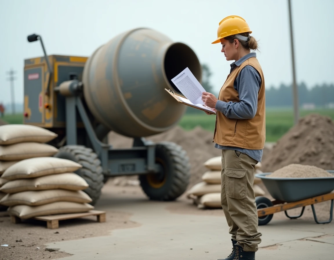 Cheffe de chantier consultant une fiche de calcul de dosage de chape à côté d'une bétonnière sur un chantier extérieur