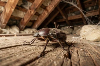 Capricorne des maisons sur une poutre en bois dans des combles, vue macro détaillée de l'insecte nuisible du bois