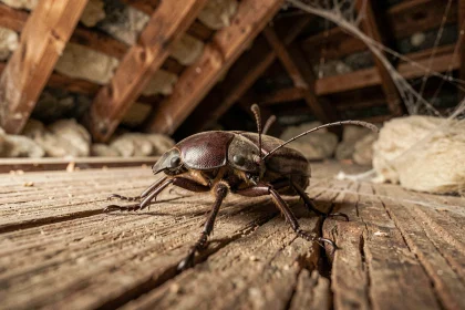 Capricorne des maisons sur une poutre en bois dans des combles, vue macro détaillée de l'insecte nuisible du bois