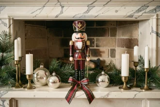 Décoration de Noël élégante avec un casse-noisette en bois peint posé sur un manteau de cheminée en marbre, entouré de décorations raffinées en or et vert