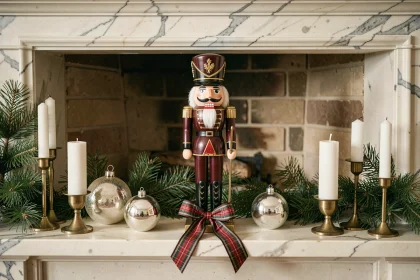 Décoration de Noël élégante avec un casse-noisette en bois peint posé sur un manteau de cheminée en marbre, entouré de décorations raffinées en or et vert