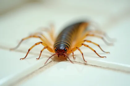 Centipède de maison photographié de dessus sur un carrelage de salle de bain, montrant ses nombreuses pattes et son corps segmenté