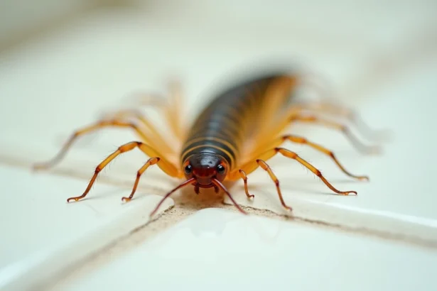 Centipède de maison photographié de dessus sur un carrelage de salle de bain, montrant ses nombreuses pattes et son corps segmenté