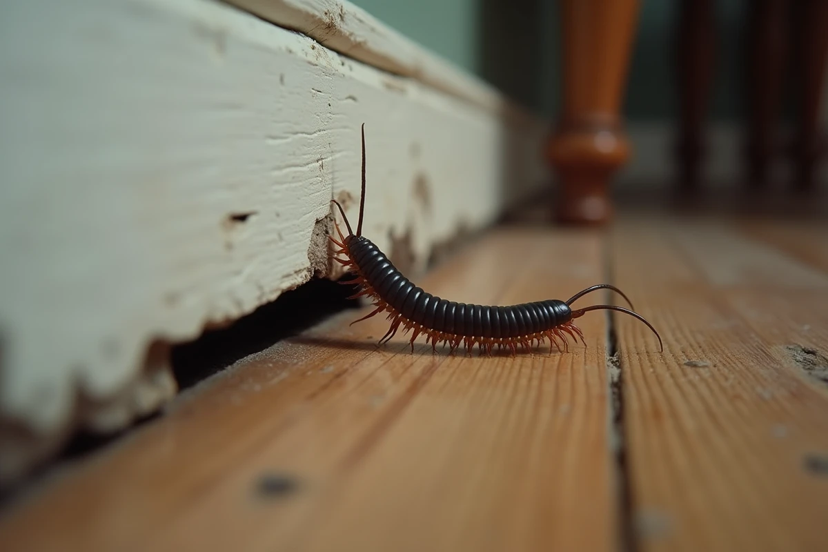 Centipède de maison sortant partiellement d'une fissure entre la plinthe et le parquet d'un intérieur domestique