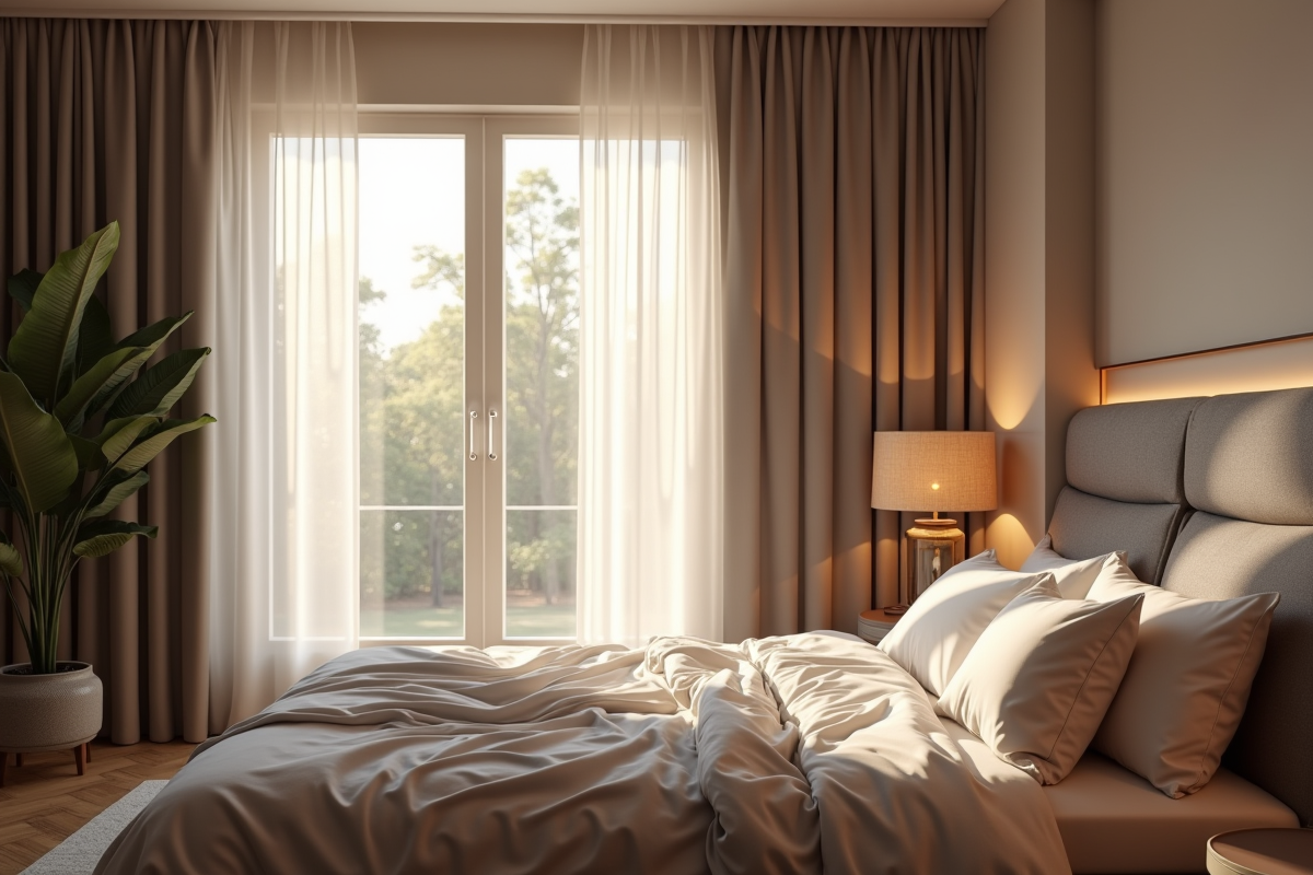 Chambre moderne lumineuse le matin avec rideaux occultants