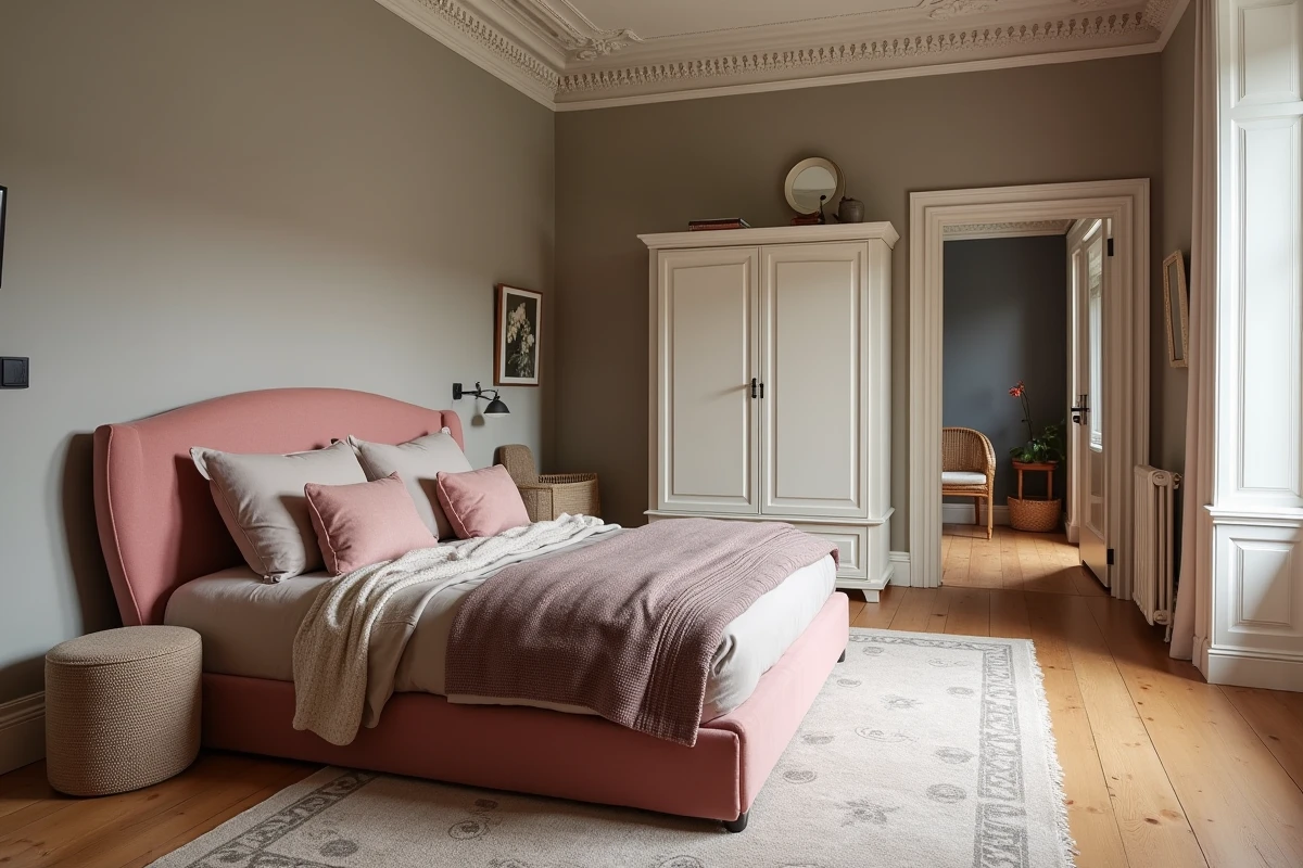 Chambre parentale rénovée à Lille avec tête de lit en velours et parquet chêne massif par l'agence lesavoirfairedeco