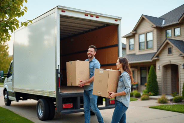 Homme et femme chargeant des cartons dans un camion blanc ensoleille