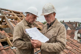 Charpentier sur une toiture de 100m2 consultant un devis de travaux avec une expression préoccupée