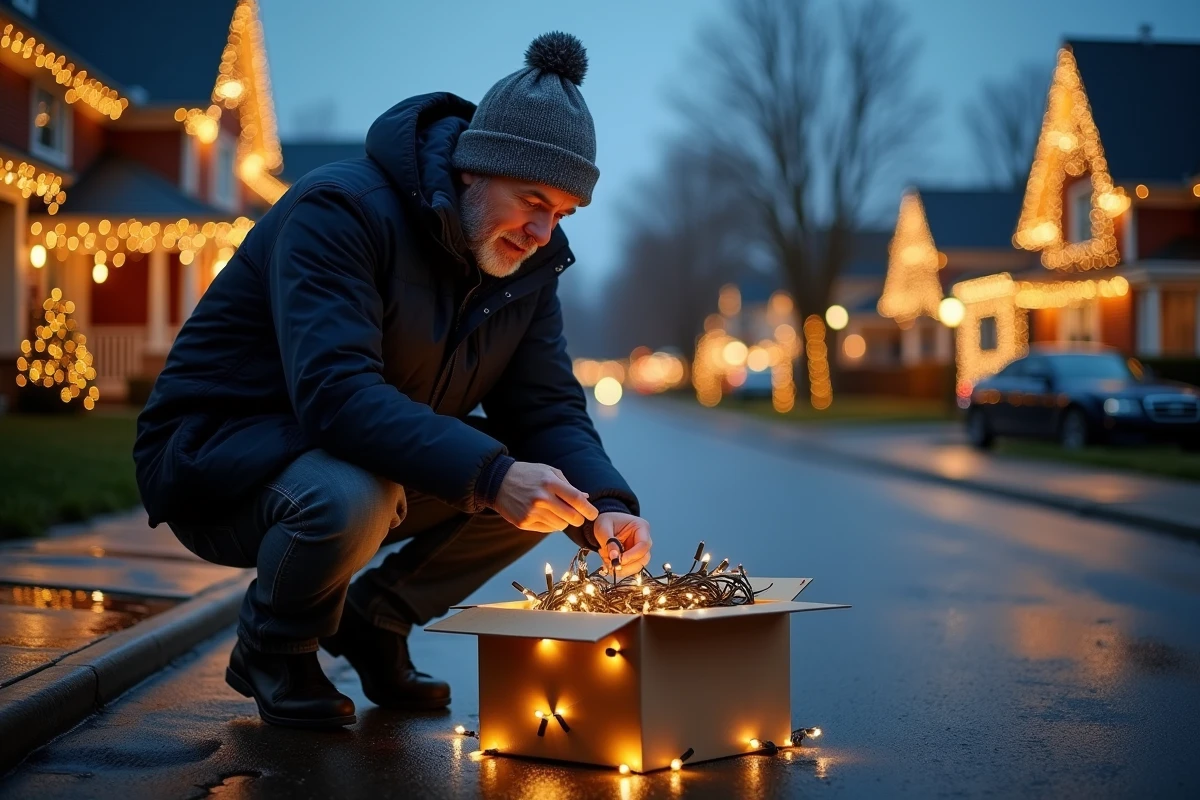 Homme en train de choisir des guirlandes lumineuses extérieures pour décorer sa maison dans une rue résidentielle illuminée pour Noël