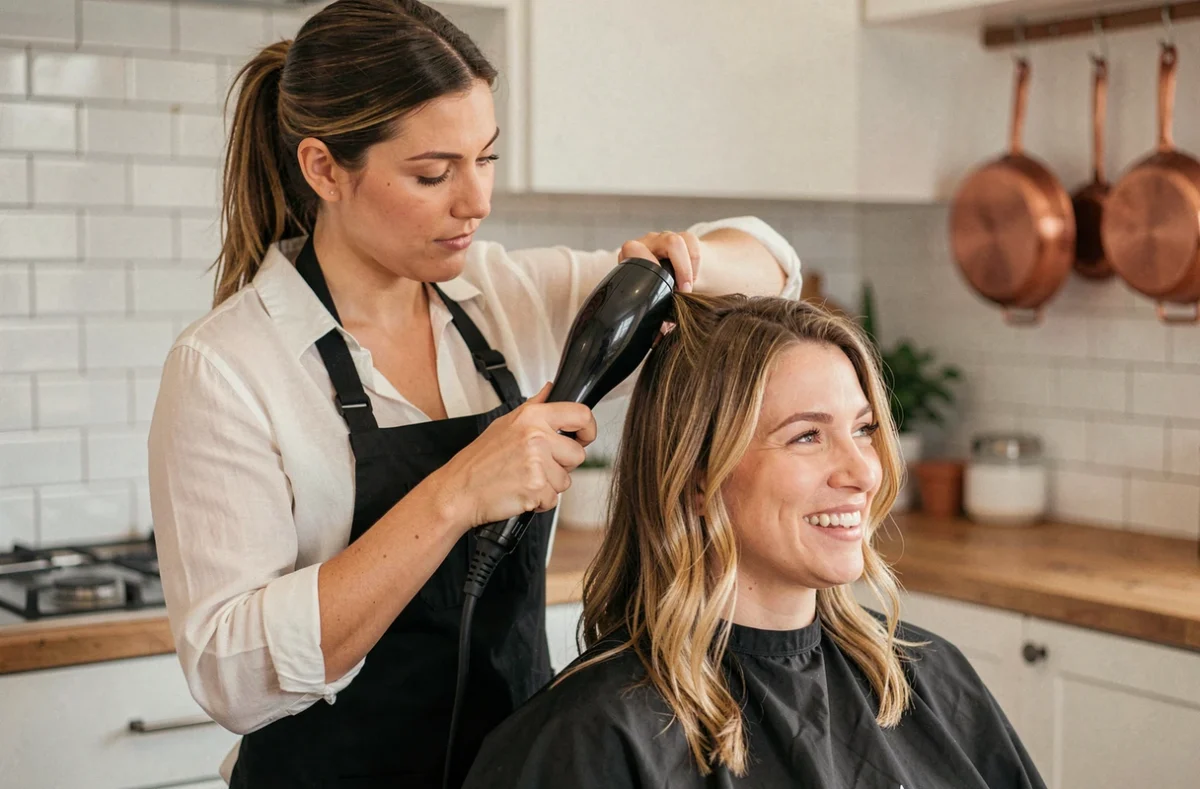 Coiffeuse à domicile réalisant un brushing pour une cliente dans une cuisine, service de coiffure à domicile Wecassa