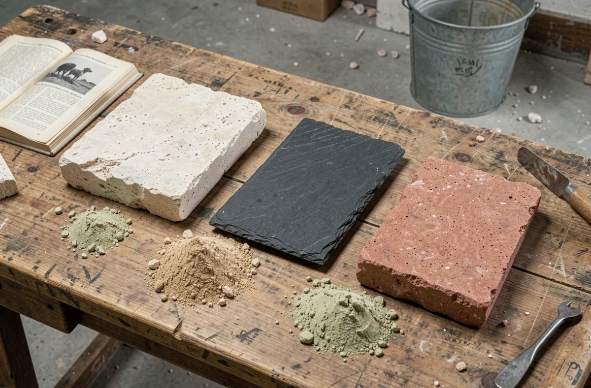 Comparaison de mortiers chaux sable adaptés à différentes natures de pierres sur un établi de maçon