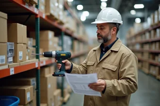 Homme en tenue de chantier comparant les prix du matériel dans un magasin de bricolage professionnel