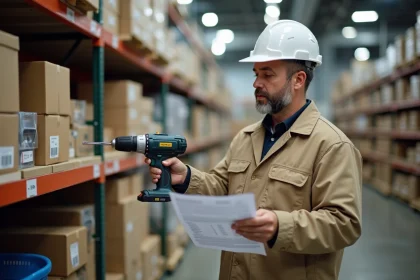Homme en tenue de chantier comparant les prix du matériel dans un magasin de bricolage professionnel