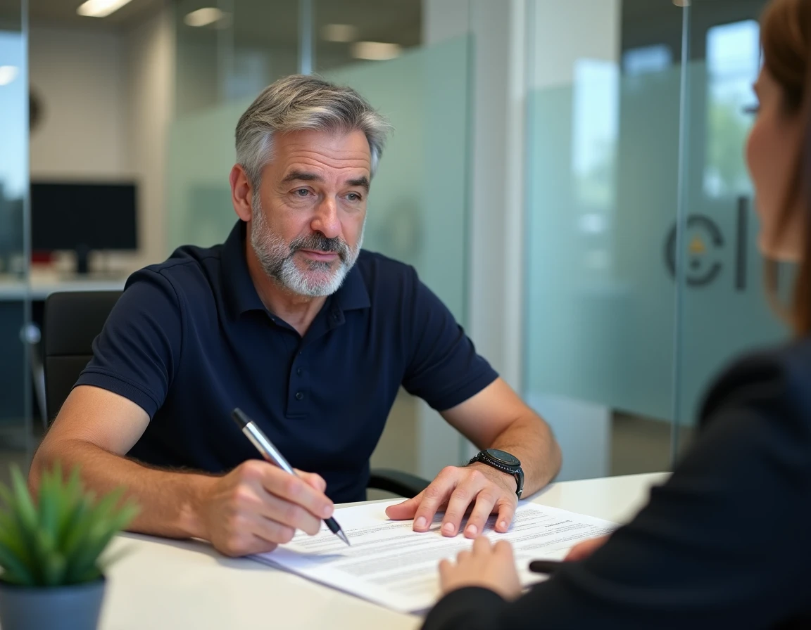 Client discutant des clauses cachées de son assurance habitation avec un conseiller en agence