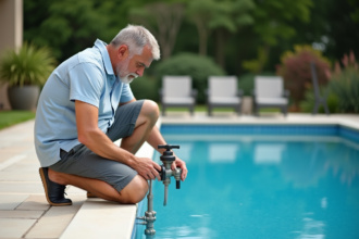 Homme d'âge moyen manipulant la vanne de filtration piscine