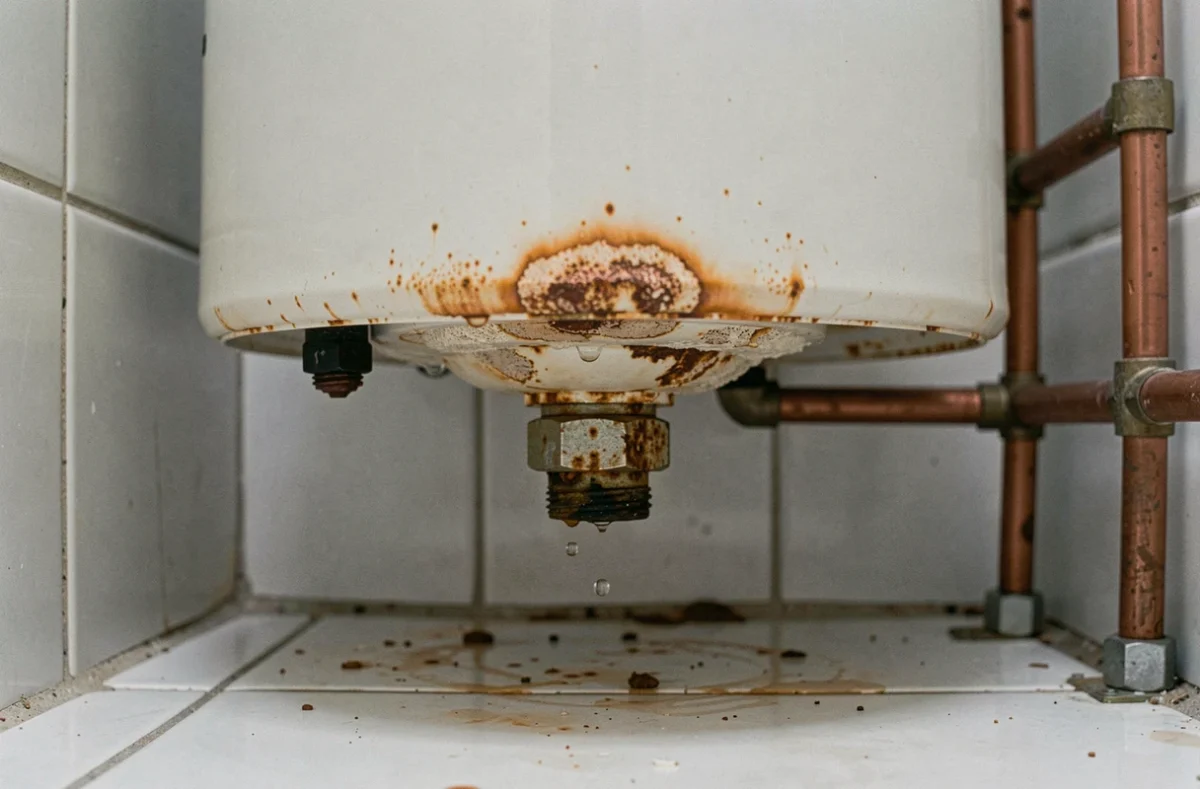 Détails de corrosion et dépôts calcaires sur la base d'un chauffe-eau domestique usagé