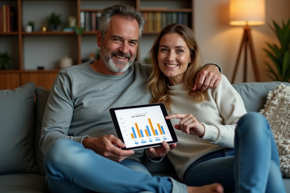 Couple analysant ensemble leur consommation électrique mensuelle en euros sur une tablette dans leur salon