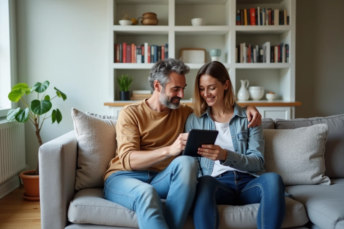 Couple consultant ensemble les avis Chaufferapide sur une tablette dans un appartement moderne