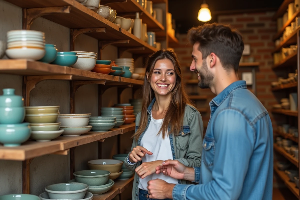 Jeune couple examinant des plats en céramique colorés dans la boutique