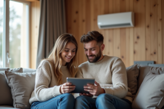Jeune couple dans un salon scandinave cosy avec thermostat numérique