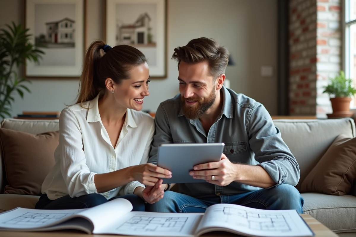Couple en train de discuter d'un plan de maison sur tablette dans un salon moderne pour éviter les erreurs de conception