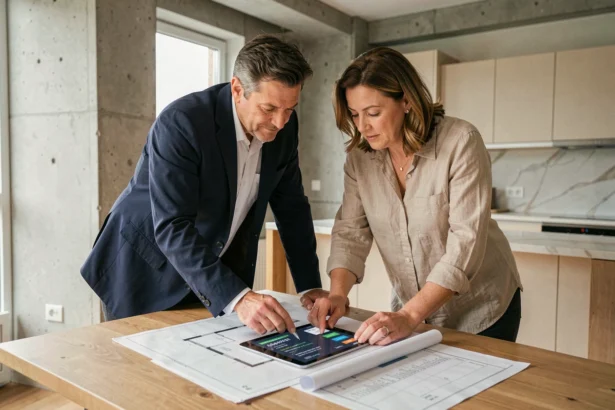 Couple examinant des documents de rénovation immobilière avec plans et tablette pour sécuriser leur investissement