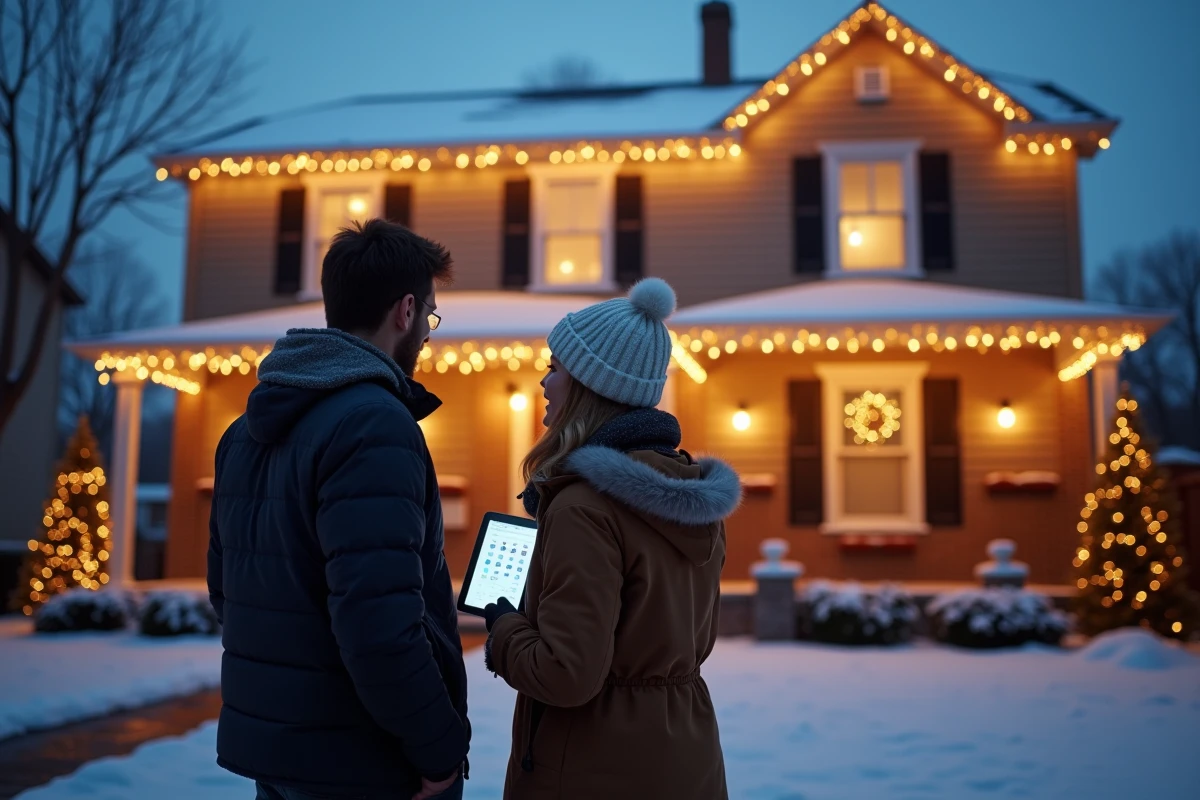Couple gérant les illuminations de Noël extérieures connectées de leur maison via une tablette dans leur jardin enneigé