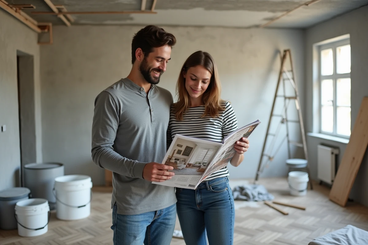Couple consultant des magazines de travaux dans un appartement en cours de rénovation avec mur en plâtre et parquet