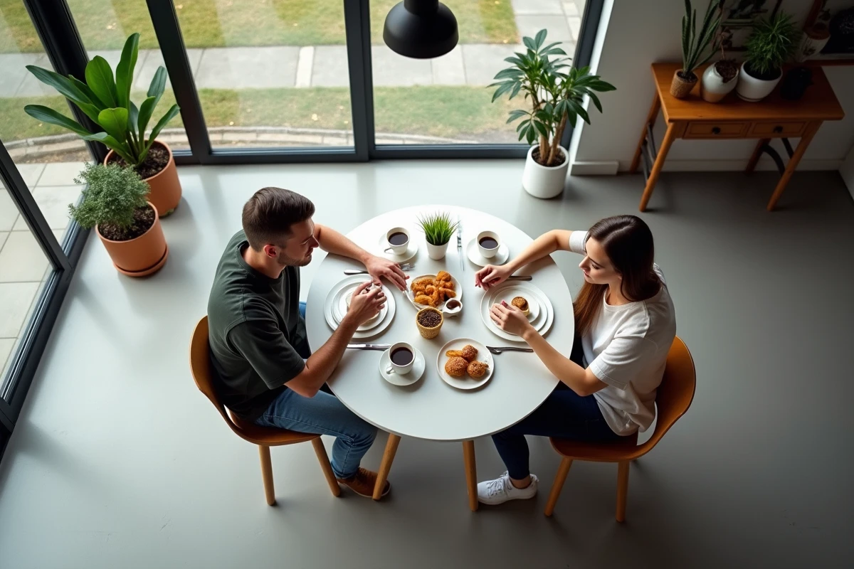 Jeune couple prenant le petit déjeuner sur une table protégée par un tapis plastique
