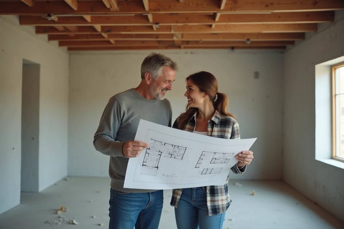 Couple examinant des plans de rénovation dans une pièce en chantier aux murs bruts