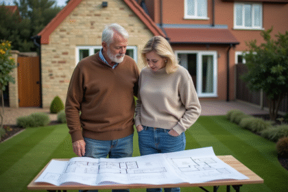 Couple de propriétaires planifiant une extension de maison dans leur jardin