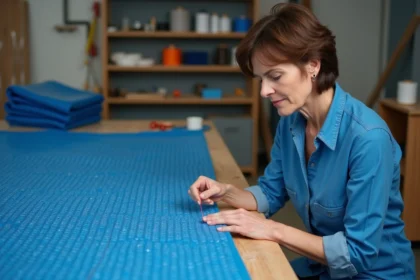 Femme cousant une couverture de piscine en intérieur